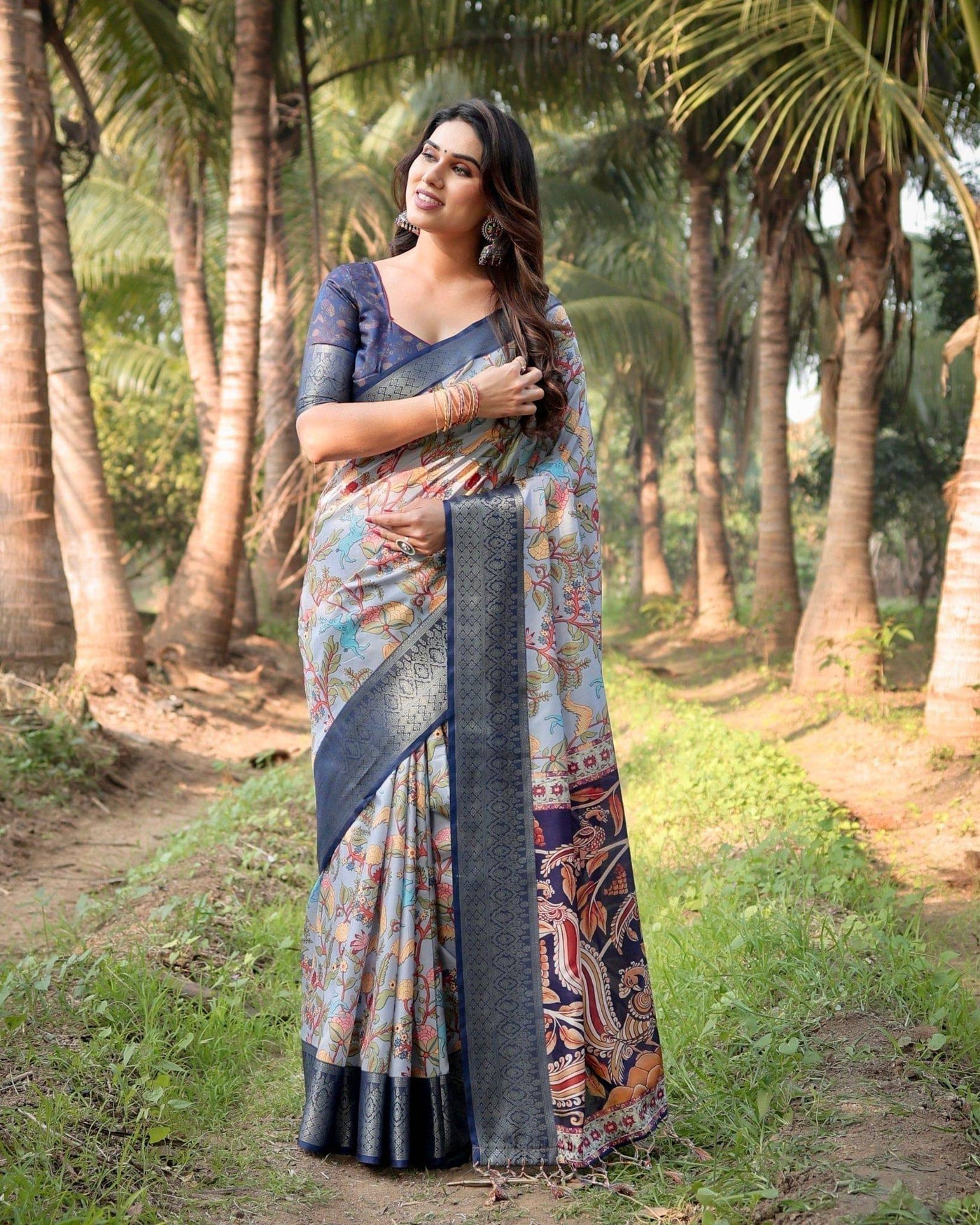 Sky Blue and Navy Digital Print Tussar Silk Saree with Zari Woven Border and Floral Motif Pallu