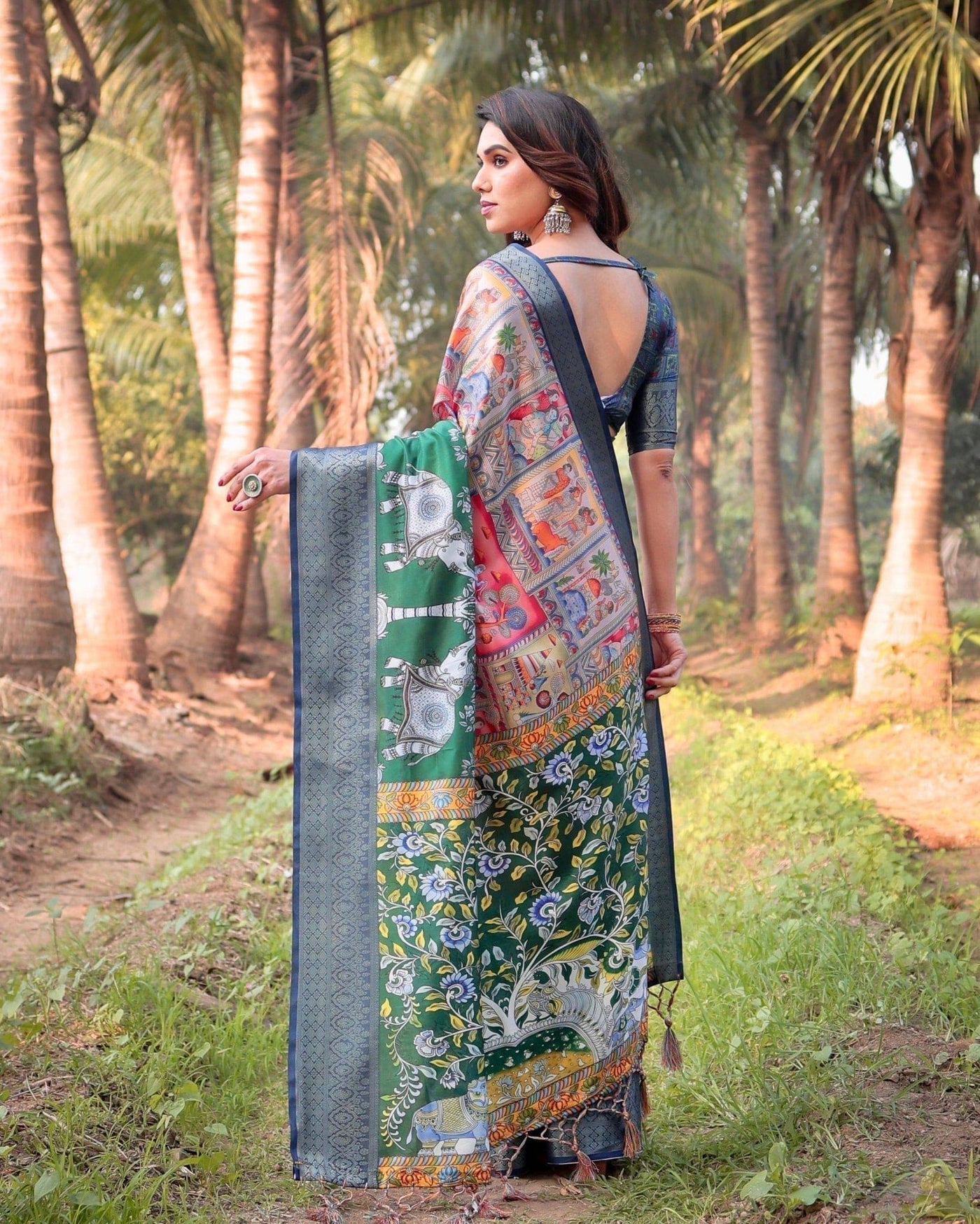 Multicolored Digital Print Tussar Silk Saree with Intricate Zari Border and Elephant Motif Pallu