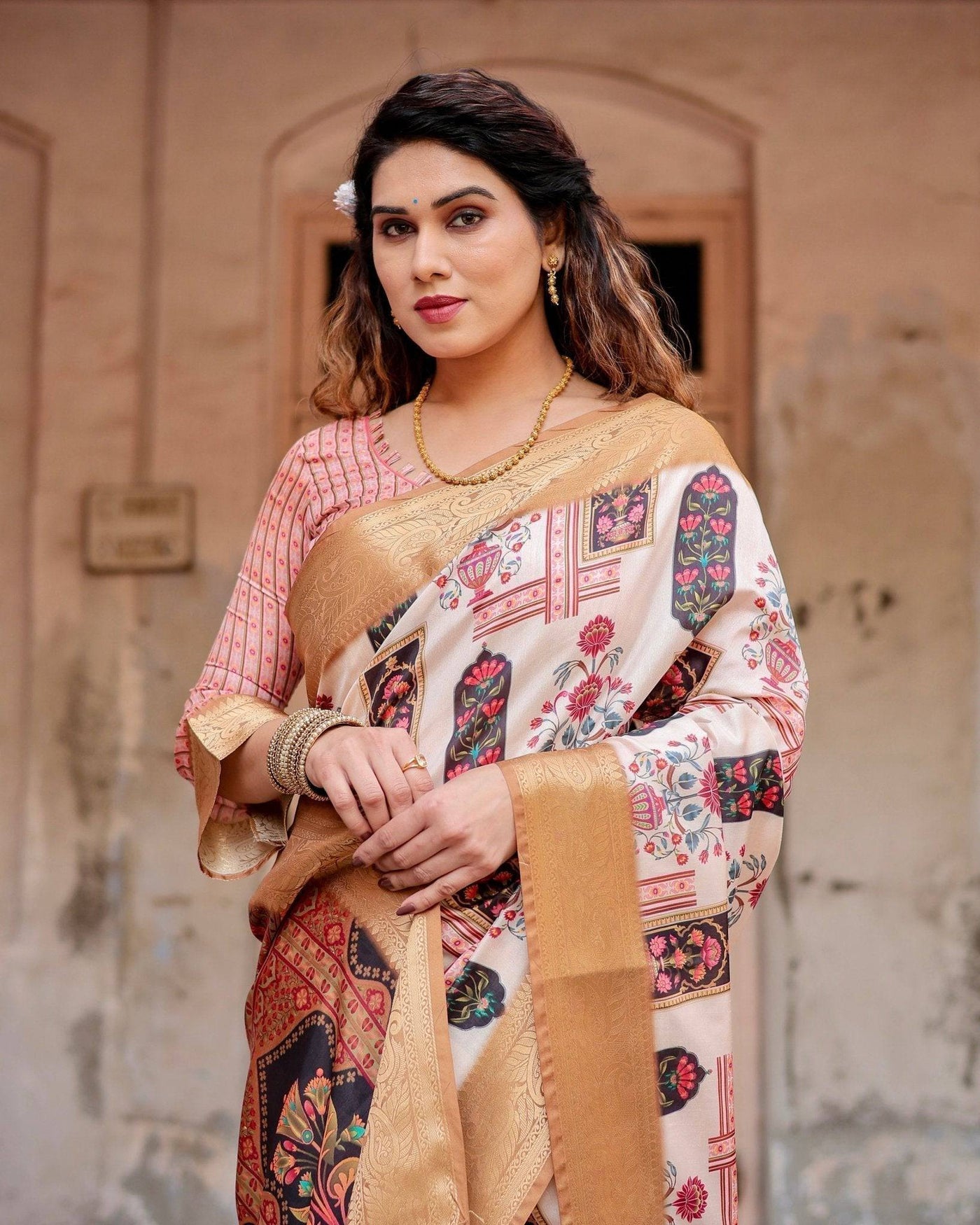 Ivory Tussar Silk Saree with Artistic Floral Motifs and Gleaming Golden Zari Border