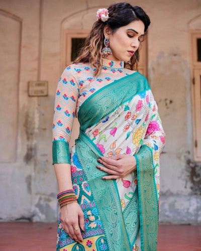 Elegant Multicolor Floral Digital Print Saree with Ornate Green Border and Artistic Pallu