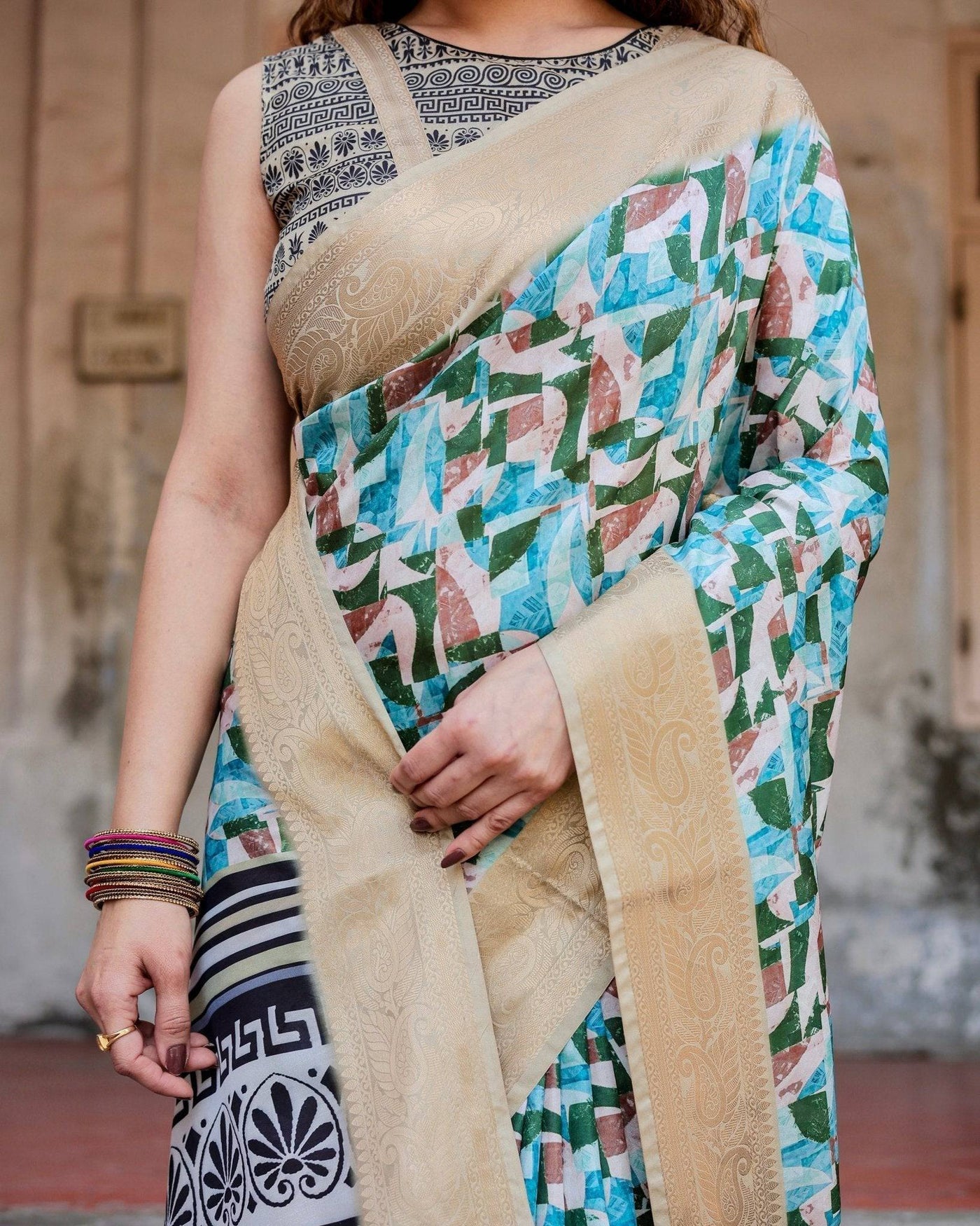 Contemporary Abstract Print Saree with Gold Border and Monochrome Patterned Pallu