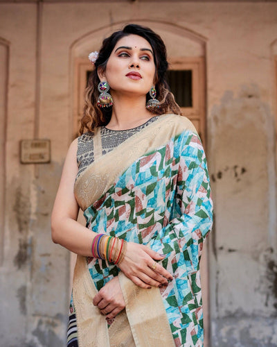 Contemporary Abstract Print Saree with Gold Border and Monochrome Patterned Pallu