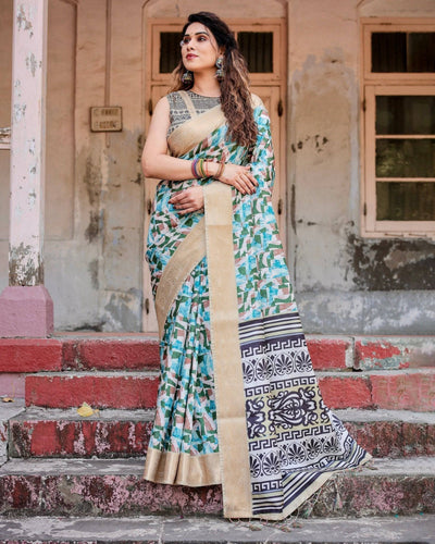 Pure Silk Digitally Printed Saree Weaved With Golden Zari Comes With Tassels