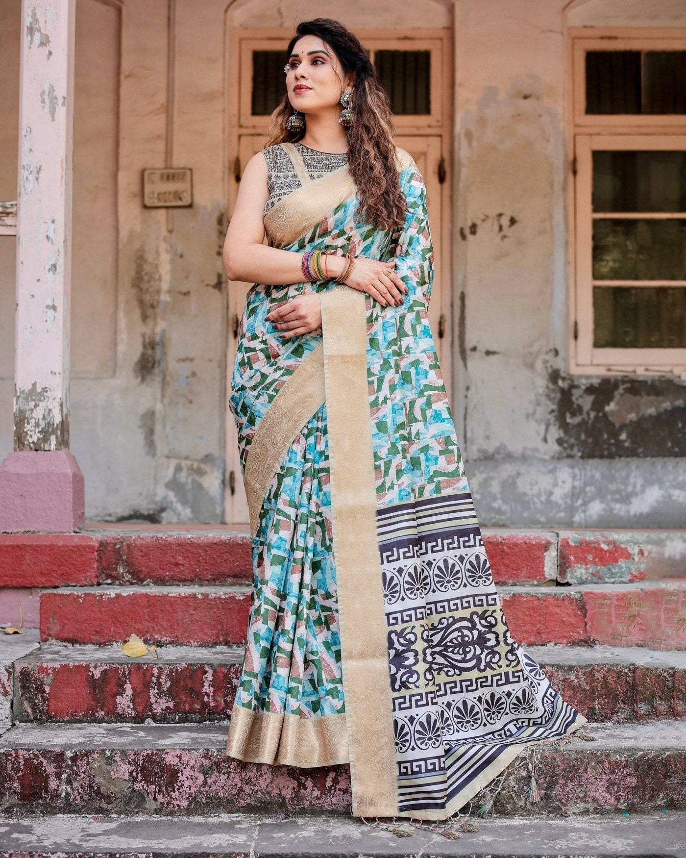 Pure Silk Digitally Printed Saree Weaved With Golden Zari Comes With Tassels