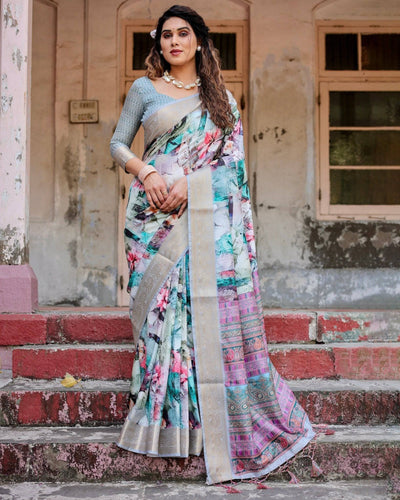 Pure Silk Digitally Printed Saree Weaved With Golden Zari Comes With Tassels