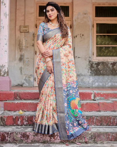 Peach and Navy Blue Floral Saree with Vibrant Peacock Pallu and Tassel Detailing