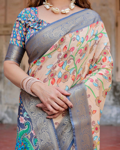 Peach and Navy Blue Floral Saree with Vibrant Peacock Pallu and Tassel Detailing