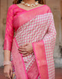 Pink and Ivory Banarasi Silk Saree with Golden Zari Border and Majestic Elephant Motif Pallu