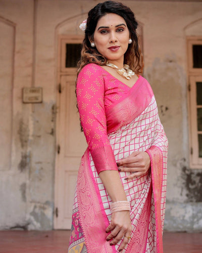 Pink and Ivory Banarasi Silk Saree with Golden Zari Border and Majestic Elephant Motif Pallu