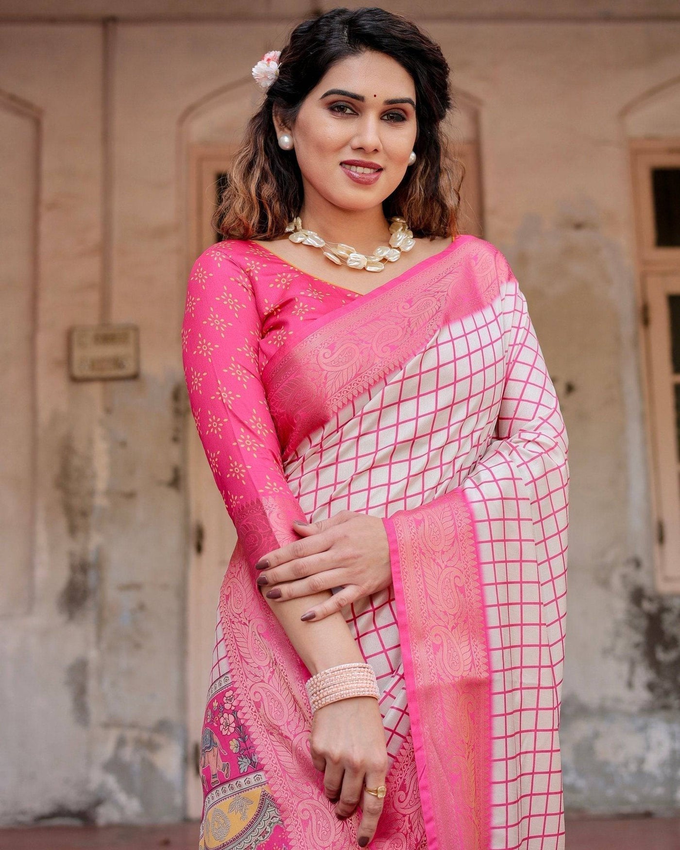 Pink and Ivory Tussar Silk Saree with Golden Zari Border and Majestic Elephant Motif Pallu