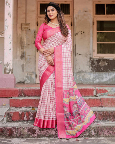 Pink and Ivory Tussar Silk Saree with Golden Zari Border and Majestic Elephant Motif Pallu