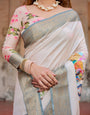 Ivory Banarasi Silk Saree with Handcrafted Elephant Motif Pallu and Golden Zari Border