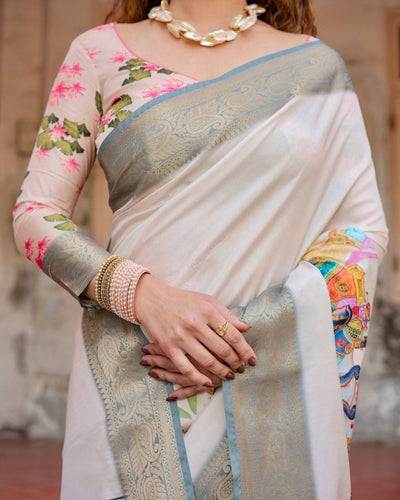 Ivory Banarasi Silk Saree with Handcrafted Elephant Motif Pallu and Golden Zari Border