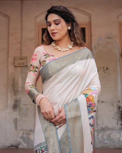 Pure Silk Digitally Printed Saree Weaved With Golden Zari Comes With Tassels