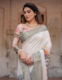 Ivory Tussar Silk Saree with Handcrafted Elephant Motif Pallu and Golden Zari Border