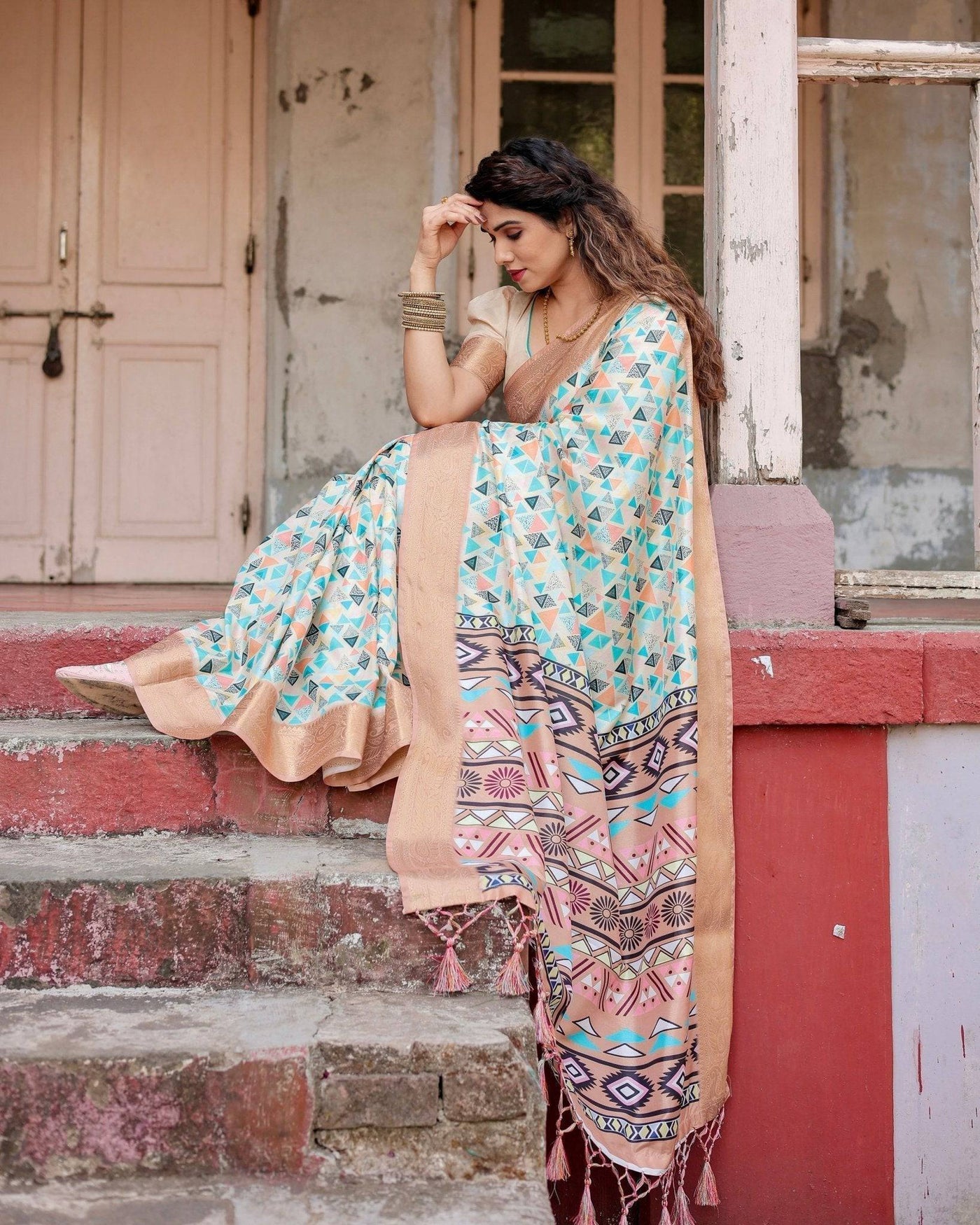 Contemporary Beige Banarasi Silk Saree with Geometric Triangle Print and Golden Zari Border