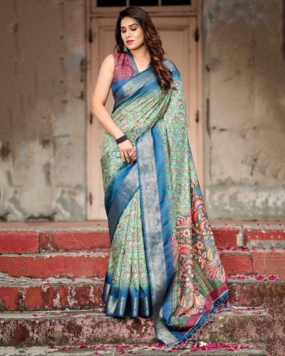 Majestic Blue and Green Digital Print Saree with Intricate Floral Motifs and Contrasting Pallu