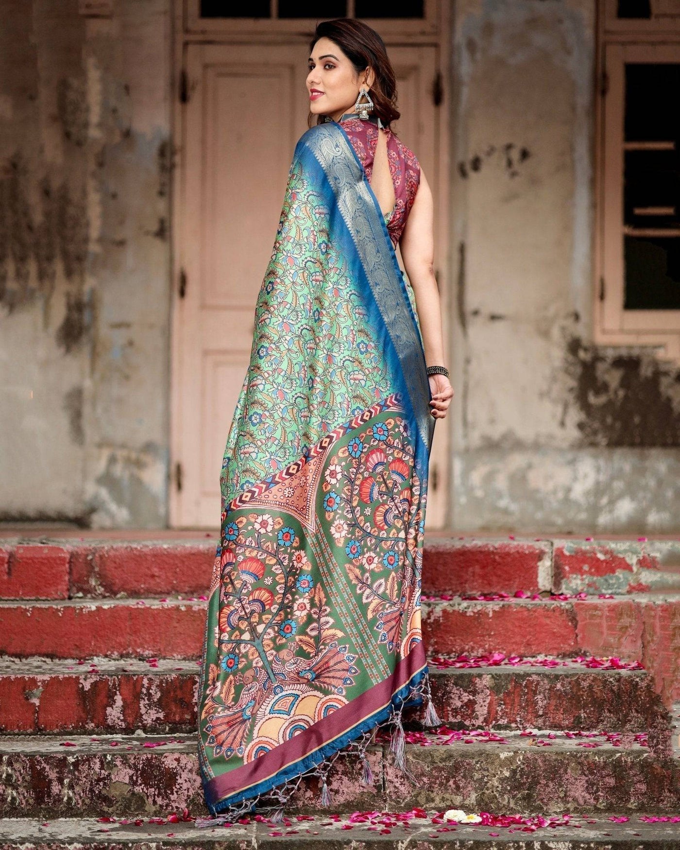 Pure Silk Digitally Printed Saree Weaved With Golden Zari Comes With Tassels