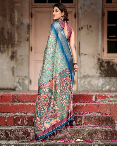 Pure Silk Digitally Printed Saree Weaved With Golden Zari Comes With Tassels