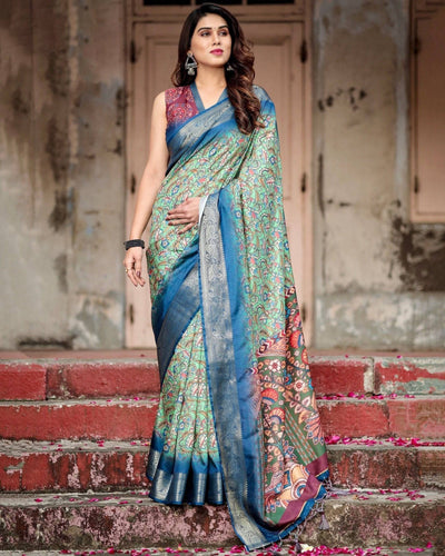 Majestic Blue and Green Digital Print Saree with Intricate Floral Motifs and Contrasting Pallu