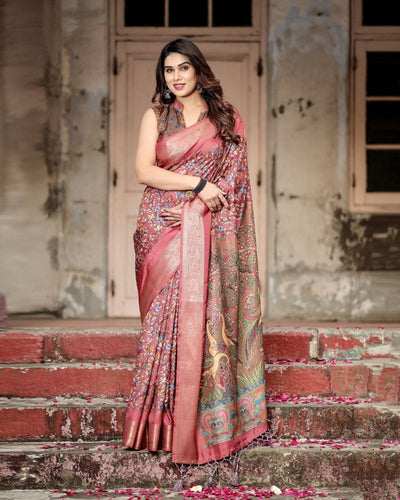 Pure Silk Digitally Printed Saree Weaved With Golden Zari Comes With Tassels