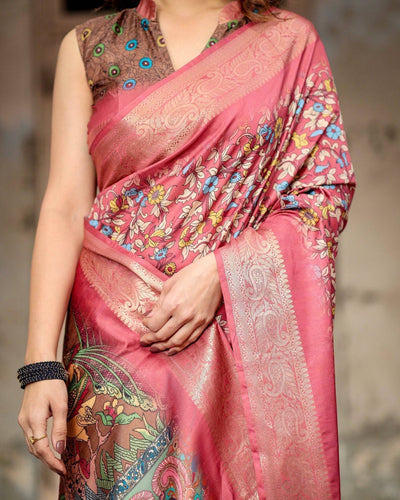 Pure Silk Digitally Printed Saree Weaved With Golden Zari Comes With Tassels