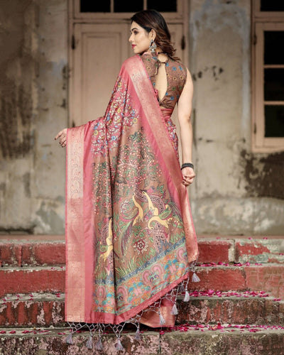 Rich Maroon Digital Print Saree with Antique Floral Design and Elegant Tassels