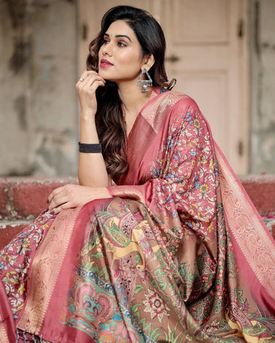 Pure Silk Digitally Printed Saree Weaved With Golden Zari Comes With Tassels