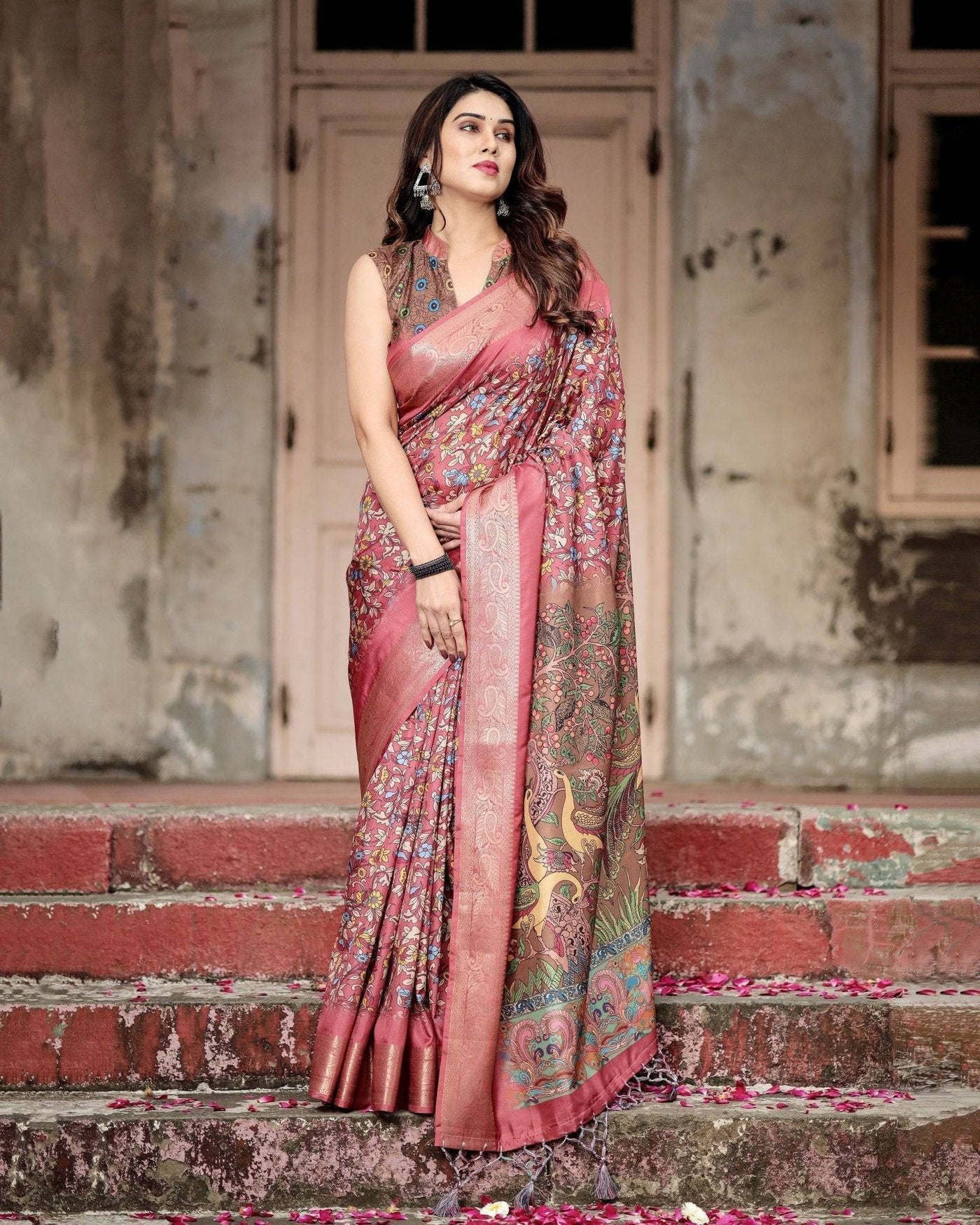 Rich Maroon Digital Print Saree with Antique Floral Design and Elegant Tassels