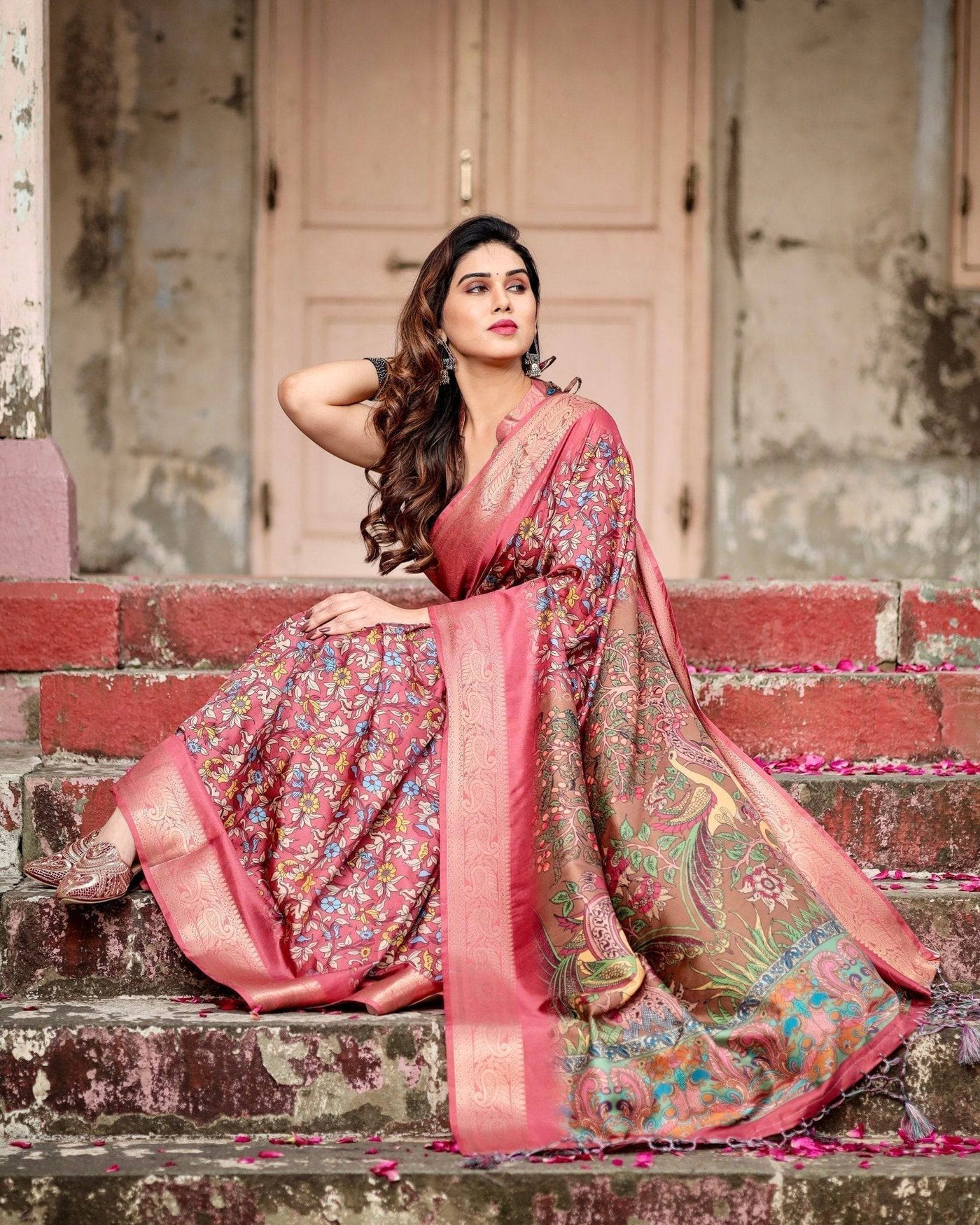 Pure Silk Digitally Printed Saree Weaved With Golden Zari Comes With Tassels