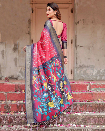 Crimson Red Banarasi Silk Saree with Bandhani Patterns, Zari Border, and Vibrant Artistic Pallu