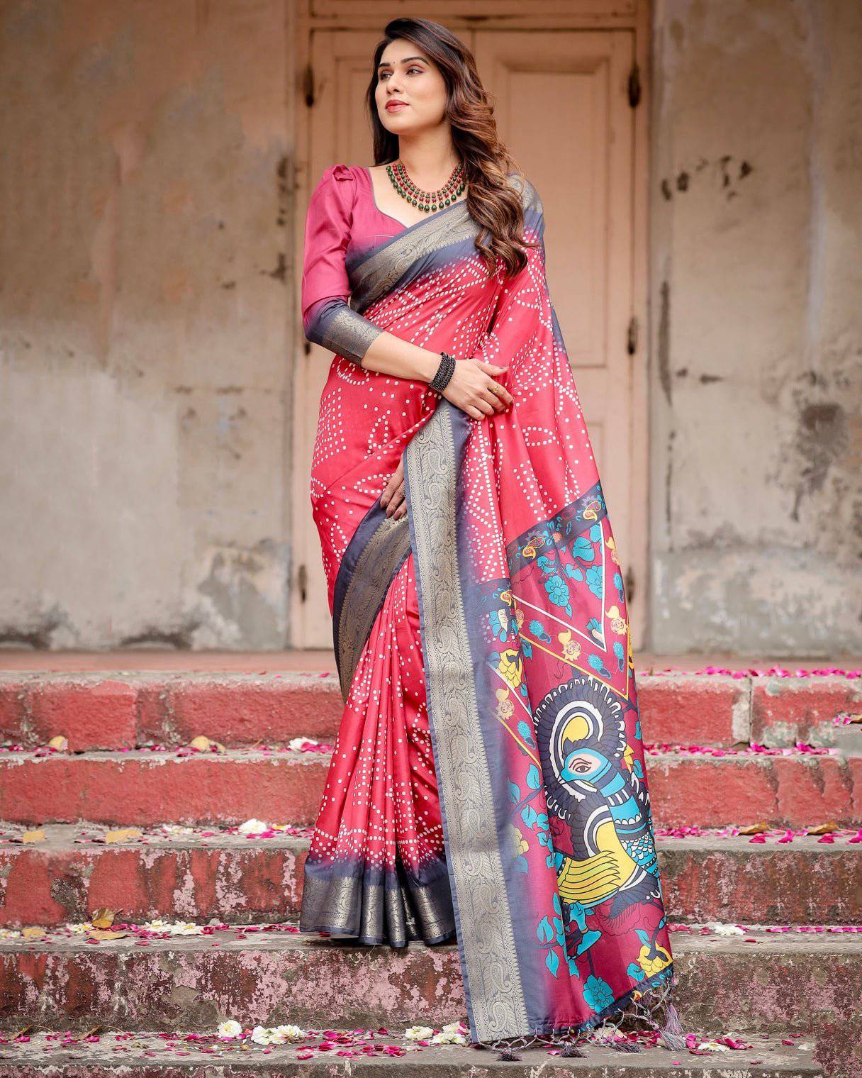 Crimson Red Tussar Silk Saree with Bandhani Patterns, Zari Border, and Vibrant Artistic Pallu