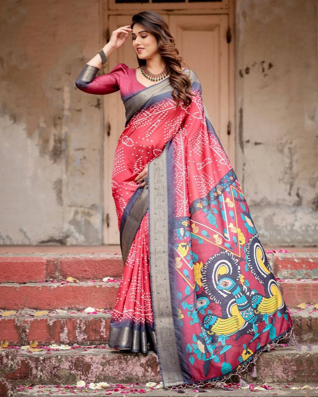 Crimson Red Banarasi Silk Saree with Bandhani Patterns, Zari Border, and Vibrant Artistic Pallu