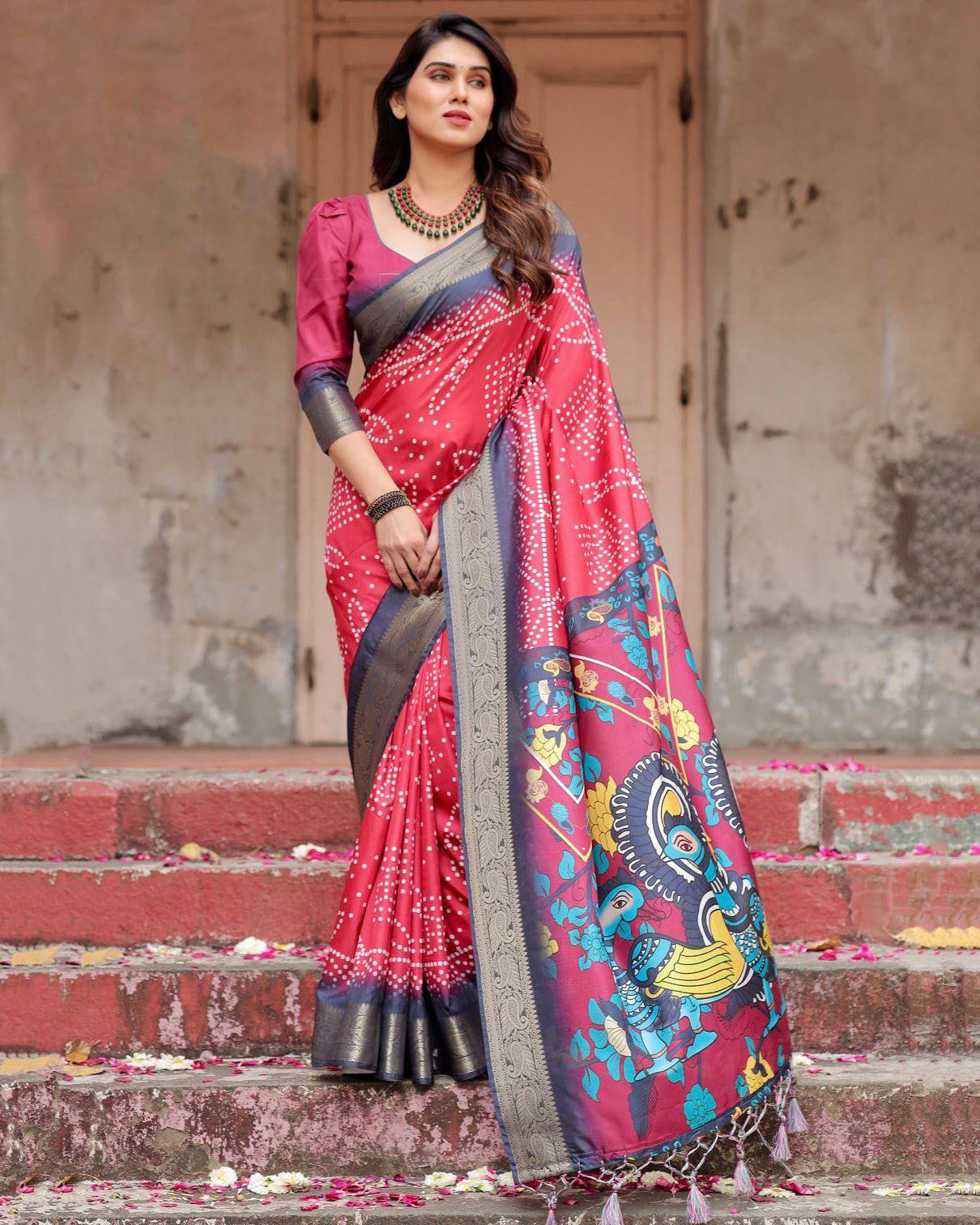 Crimson Red Banarasi Silk Saree with Bandhani Patterns, Zari Border, and Vibrant Artistic Pallu