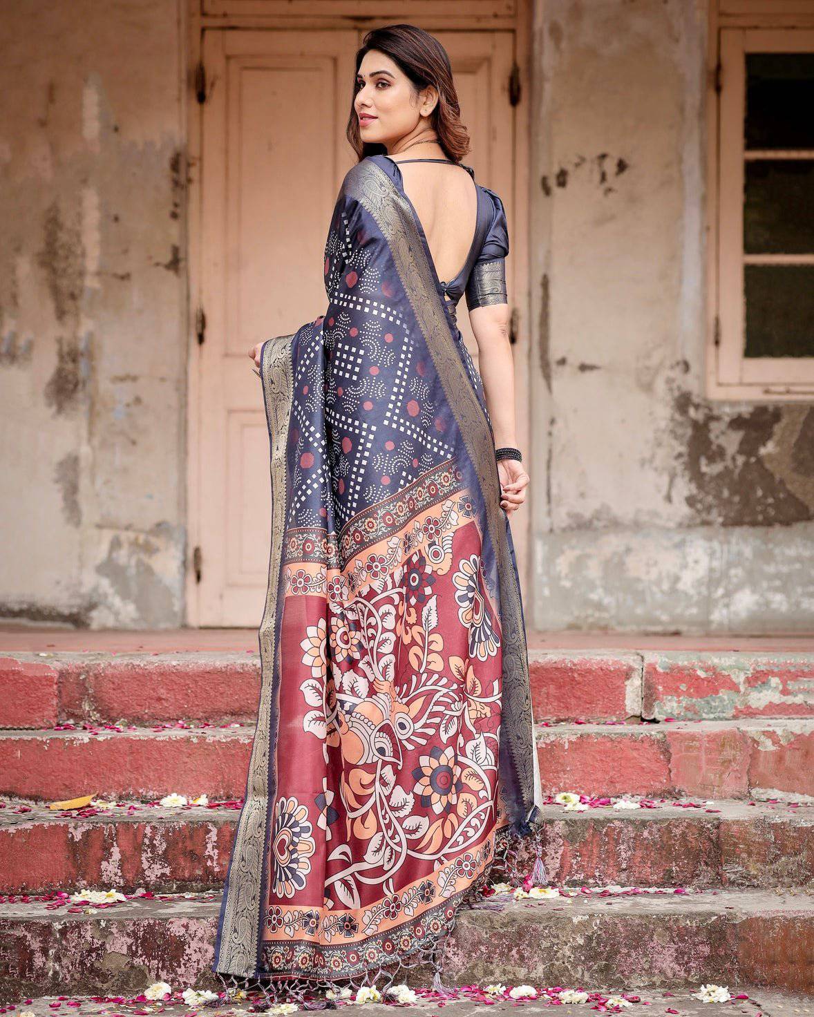 Navy Blue Banarasi Silk Saree with Geometric Patterns, Zari Border, and Vibrant Pallu