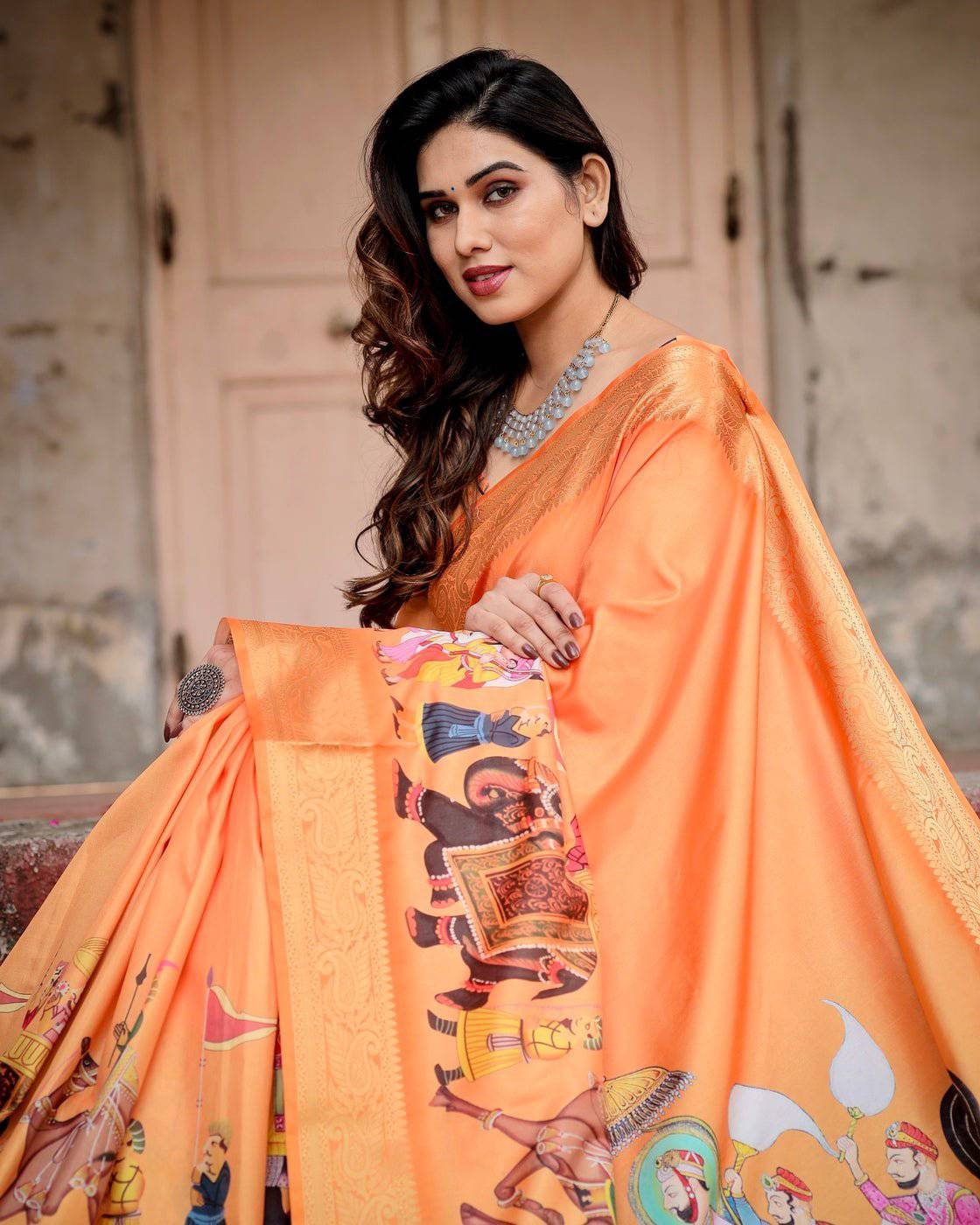 Sunset Orange Banarasi Silk Saree with Royal Procession Pallu and Zari Border