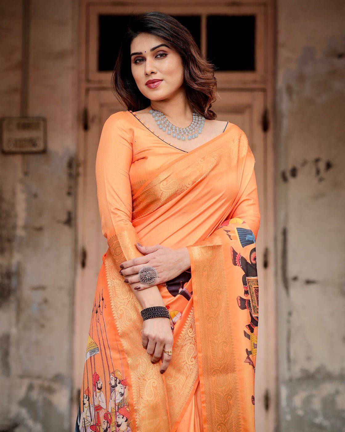 Sunset Orange Tussar Silk Saree with Royal Procession Pallu and Zari Border