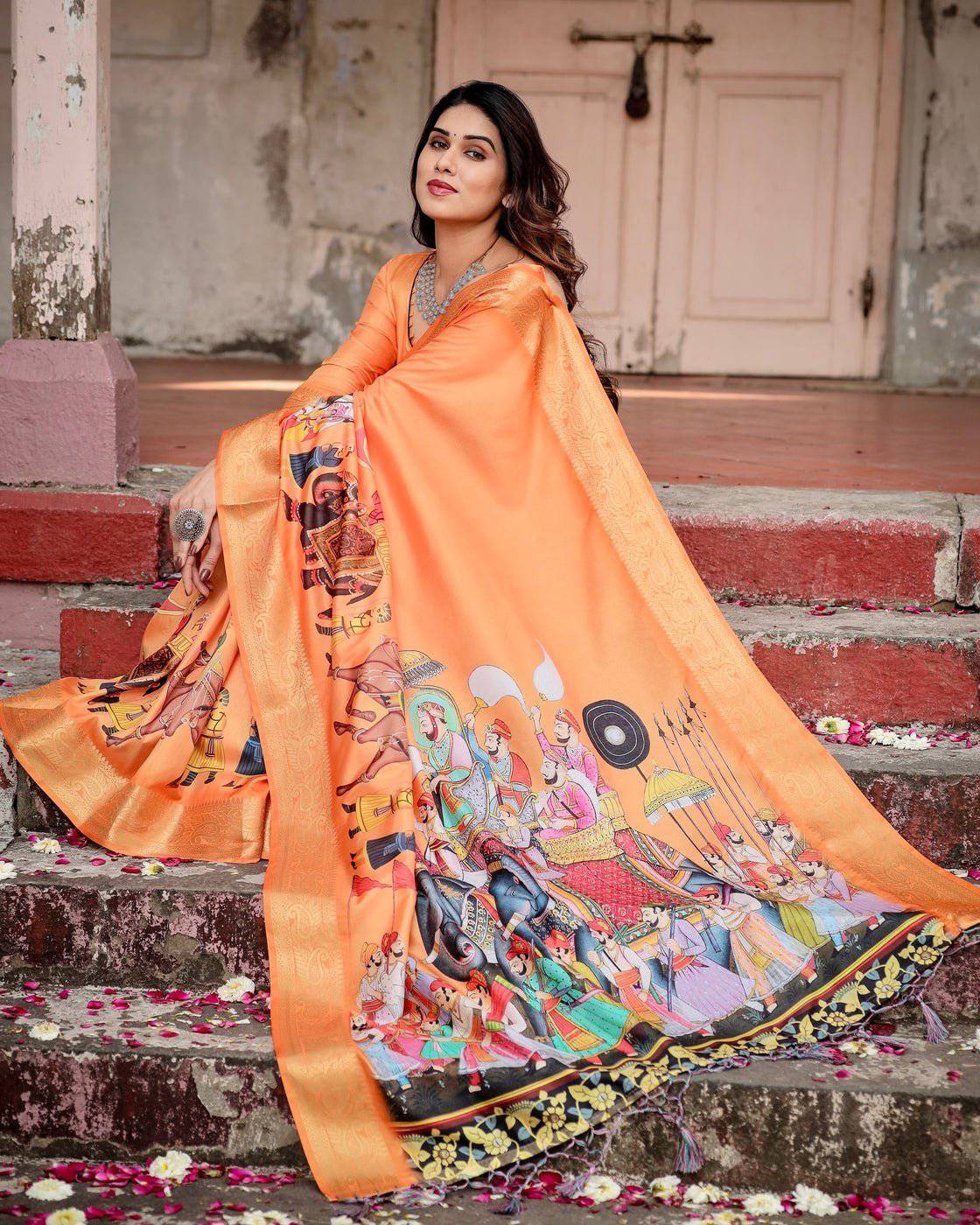 Sunset Orange Banarasi Silk Saree with Royal Procession Pallu and Zari Border