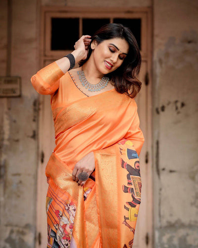 Sunset Orange Banarasi Silk Saree with Royal Procession Pallu and Zari Border