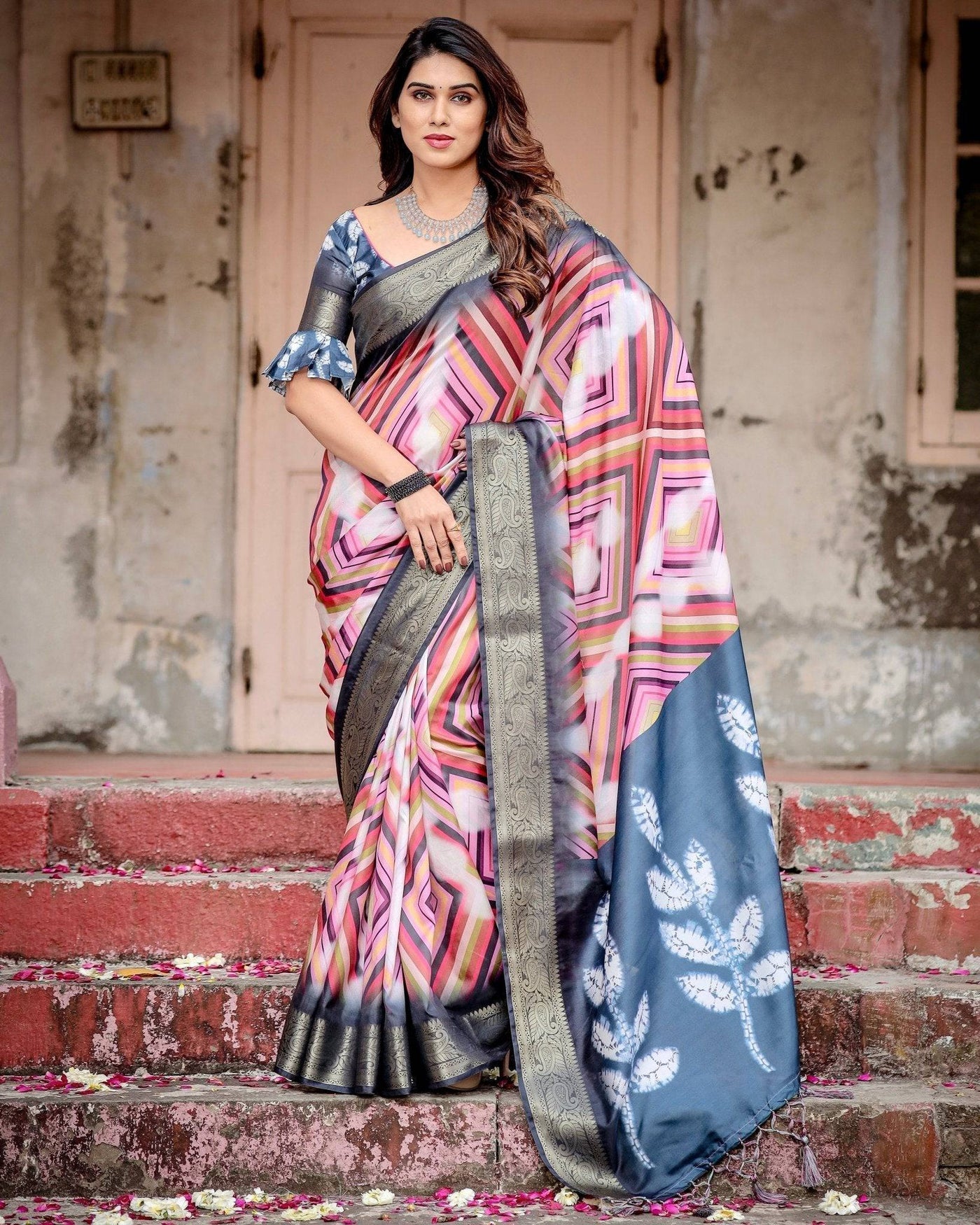 Geometric Multicolor Banarasi Silk Saree with Charcoal Gray Zari Border and Abstract Pallu