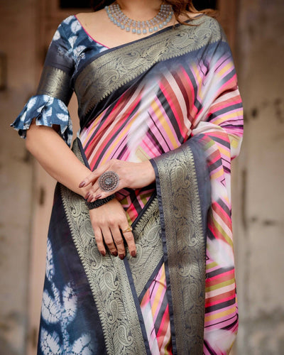 Geometric Multicolor Banarasi Silk Saree with Charcoal Gray Zari Border and Abstract Pallu