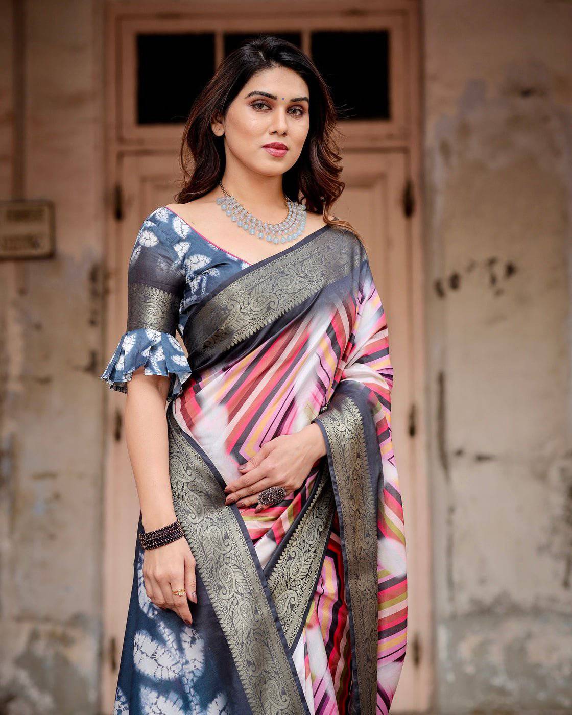 Geometric Multicolor Banarasi Silk Saree with Charcoal Gray Zari Border and Abstract Pallu