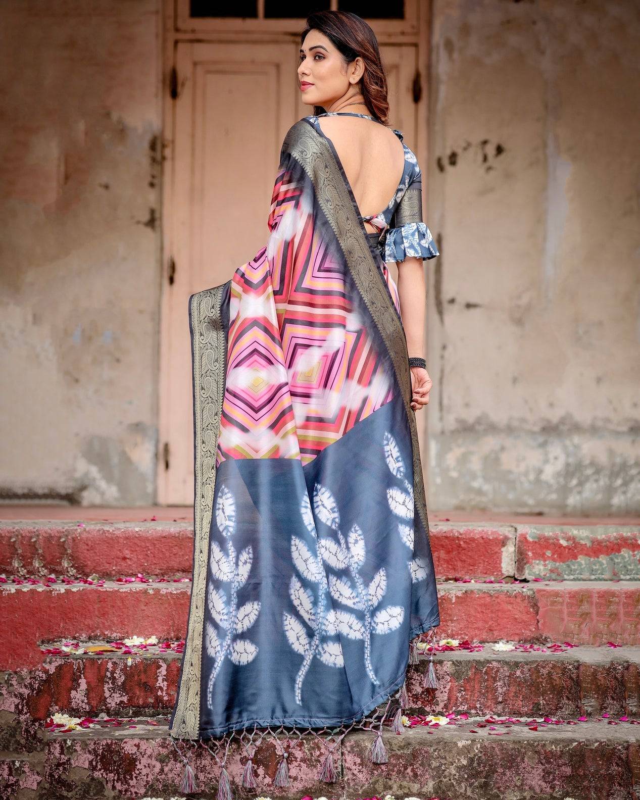 Geometric Multicolor Banarasi Silk Saree with Charcoal Gray Zari Border and Abstract Pallu