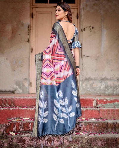 Geometric Multicolor Tussar Silk Saree with Charcoal Gray Zari Border and Abstract Pallu