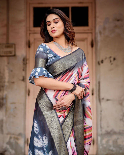 Geometric Multicolor Banarasi Silk Saree with Charcoal Gray Zari Border and Abstract Pallu