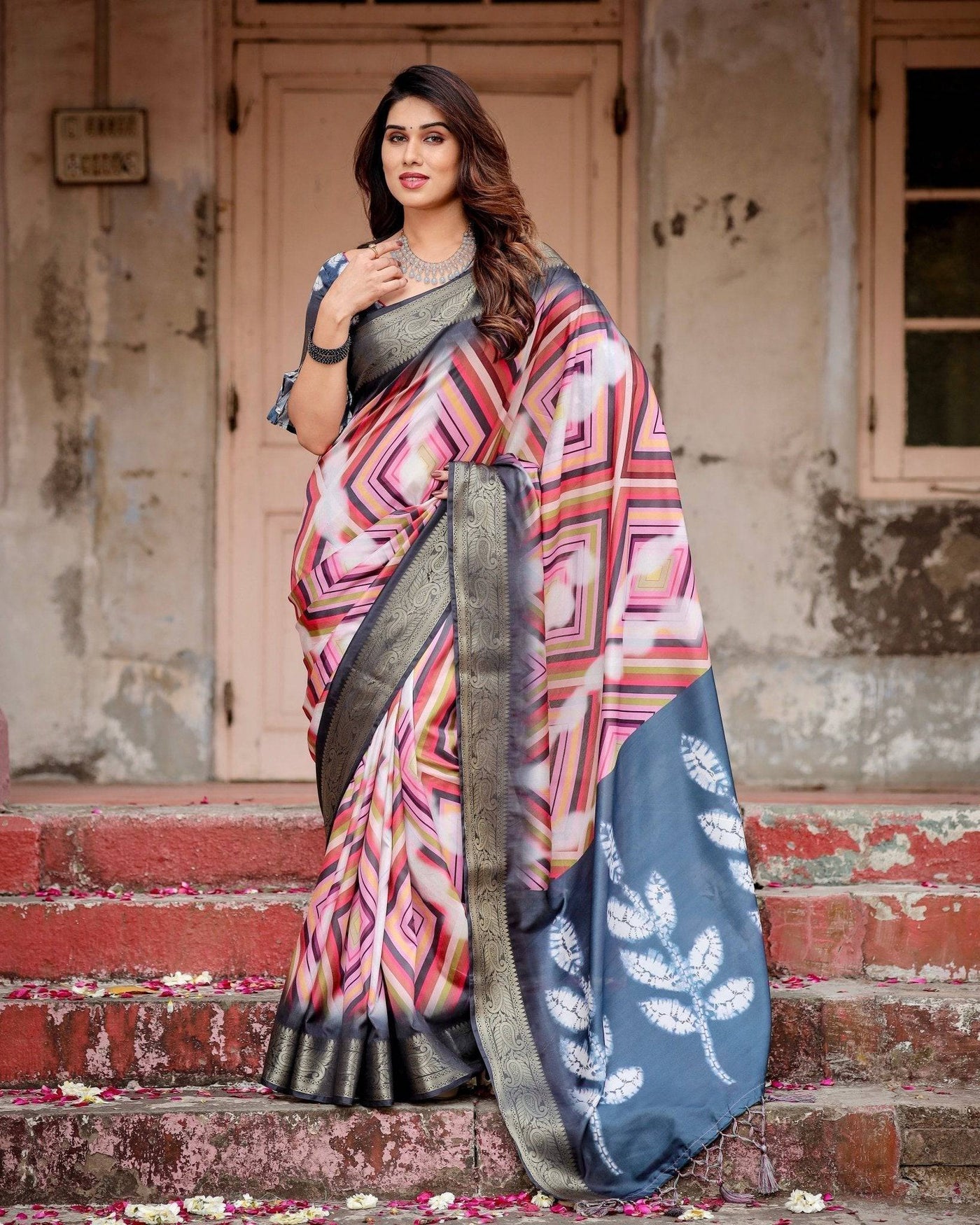 Geometric Multicolor Banarasi Silk Saree with Charcoal Gray Zari Border and Abstract Pallu