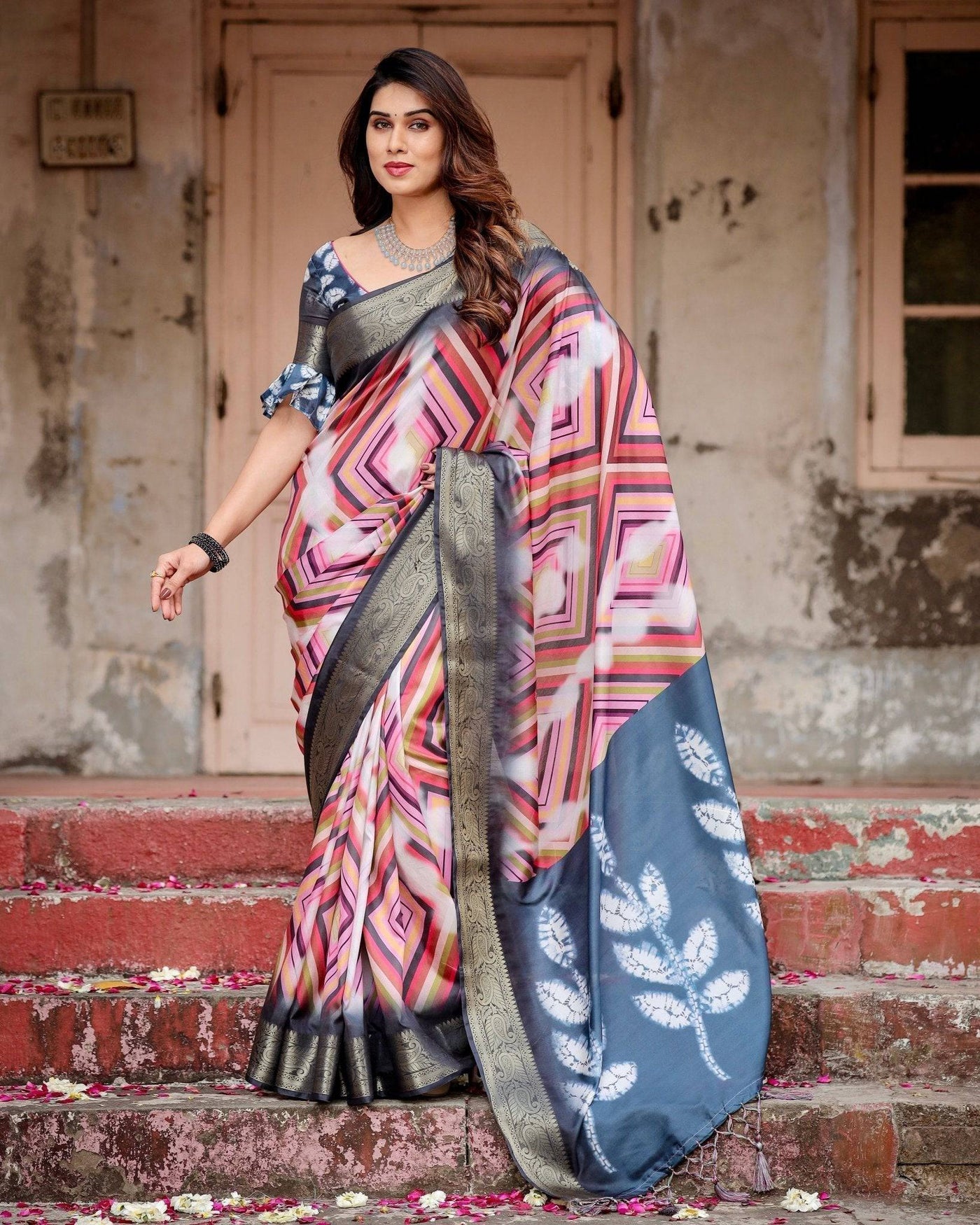 Geometric Multicolor Banarasi Silk Saree with Charcoal Gray Zari Border and Abstract Pallu