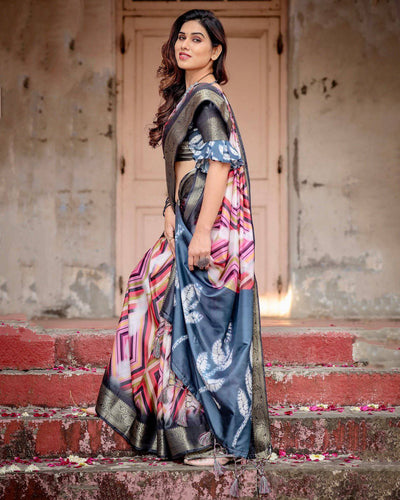 Geometric Multicolor Banarasi Silk Saree with Charcoal Gray Zari Border and Abstract Pallu