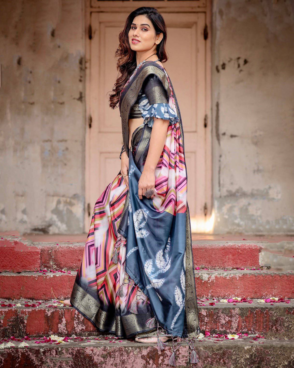 Geometric Multicolor Tussar Silk Saree with Charcoal Gray Zari Border and Abstract Pallu