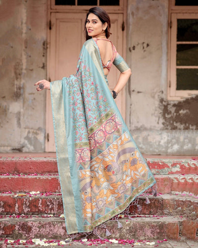 Sky Blue Tussar Silk Saree with Intricate Zari Border and Artistic Pallu Design